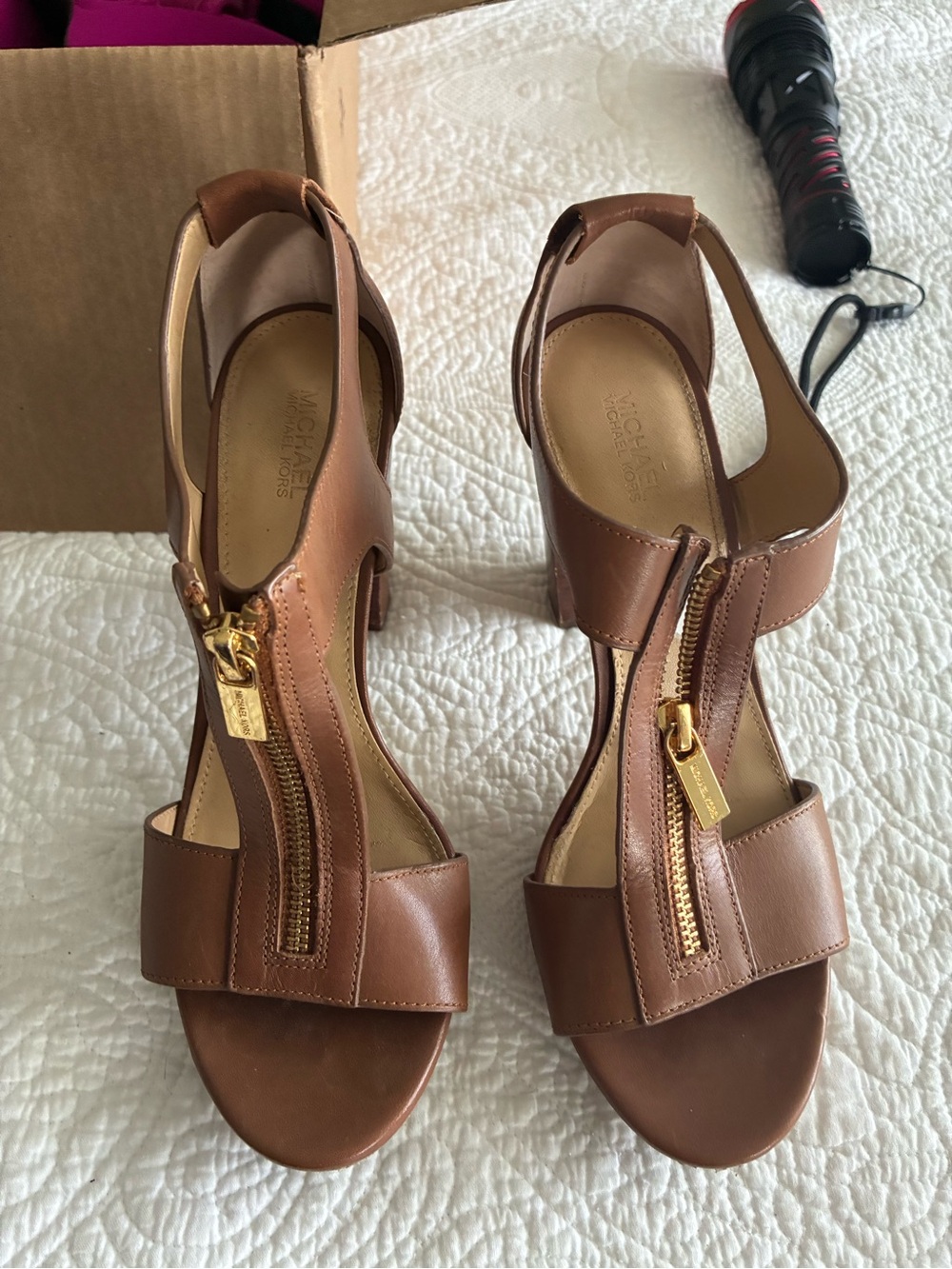 Michael Kors Brown Leather Zip-Front T-Strap Heels